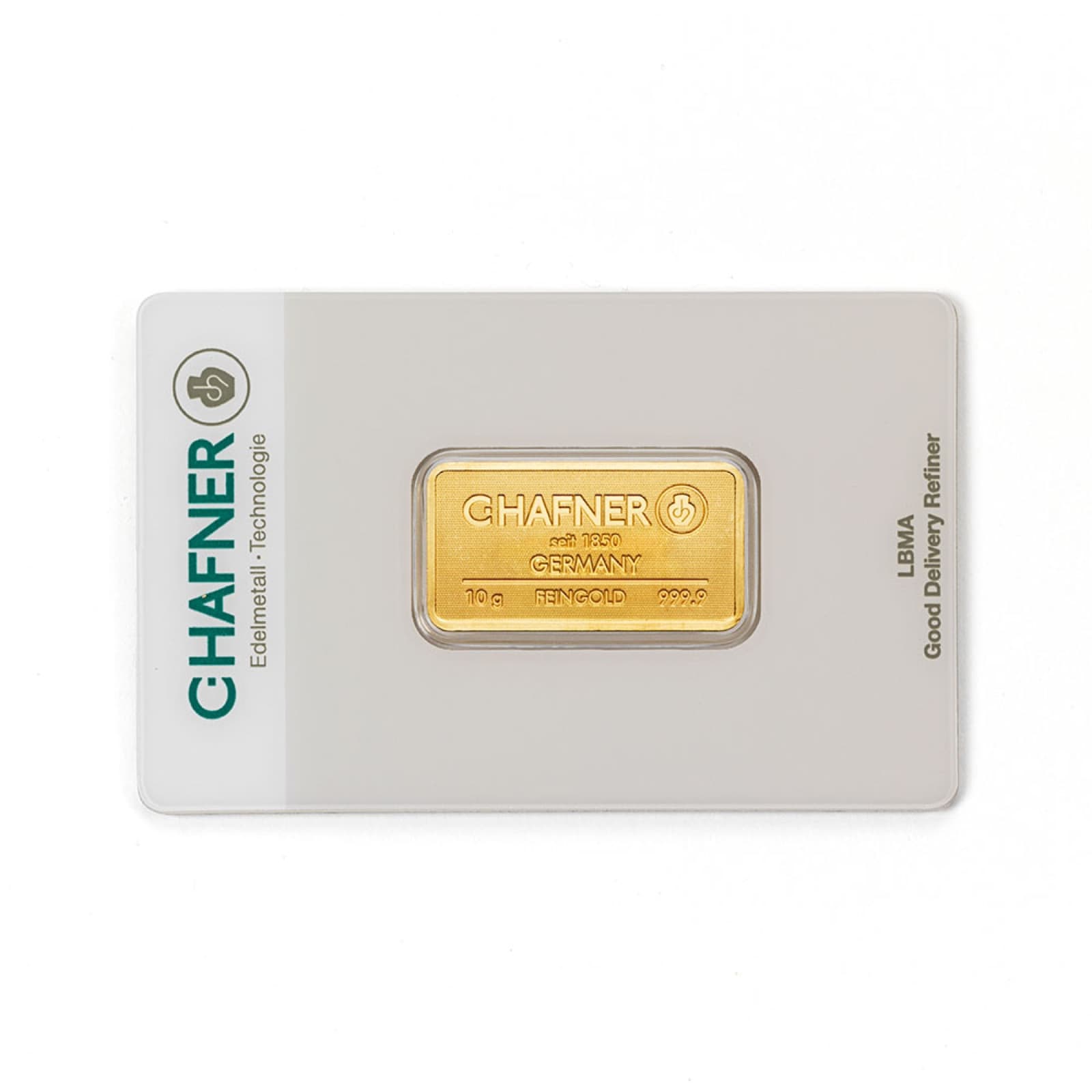 C.HAFNER goudbaar 10 gram, voorzijde in blister