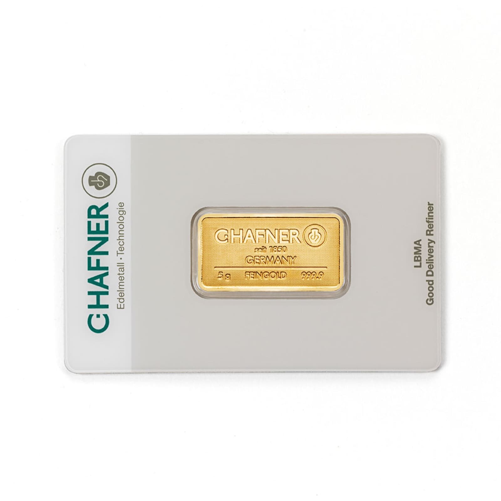 C.HAFNER goudbaar 5 gram, voorzijde in blister